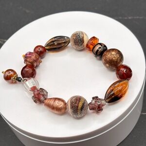 VTG Set of 3 Stretch Bracelets Boho Chunky Acrylic Glass Beads Brown Copper Tone